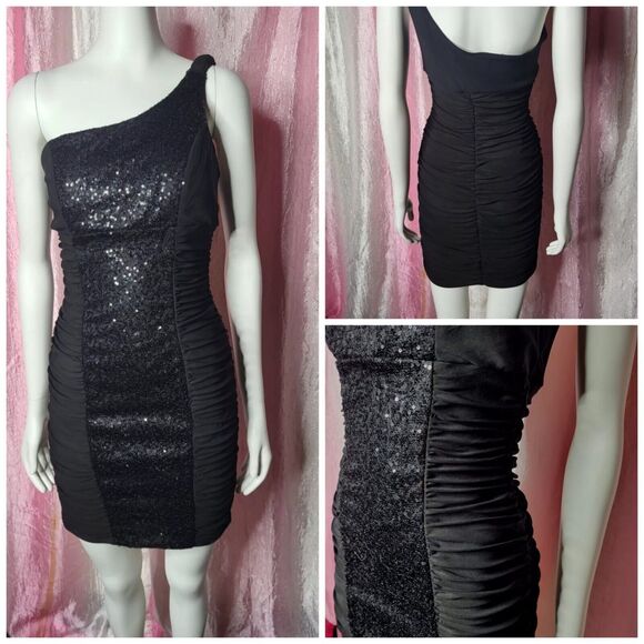 Ruby Rox Y2K Black One Shoulder Sequin Rouched Club Dress Size Medium - Picture 1 of 11